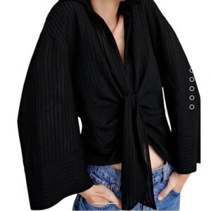 ZARA Knotted V Neck Collard Button Front Wide Sleeve Draped Textured Blouse